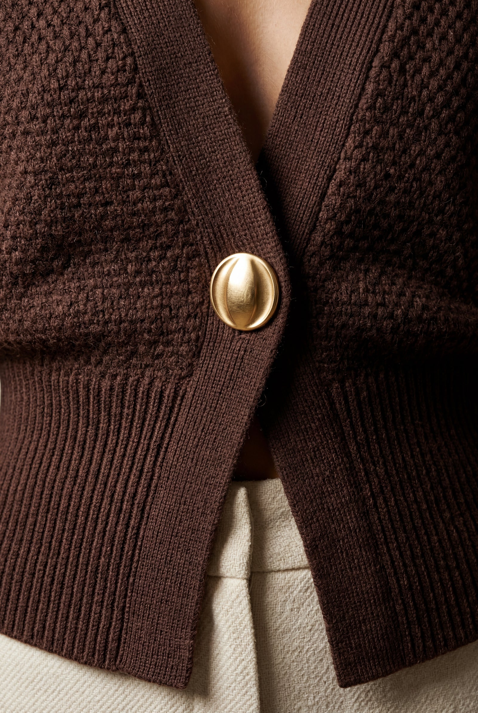 Brown Deep V-neck Gold Button Cardigan Sweater - V-neck sweater - Photo 15