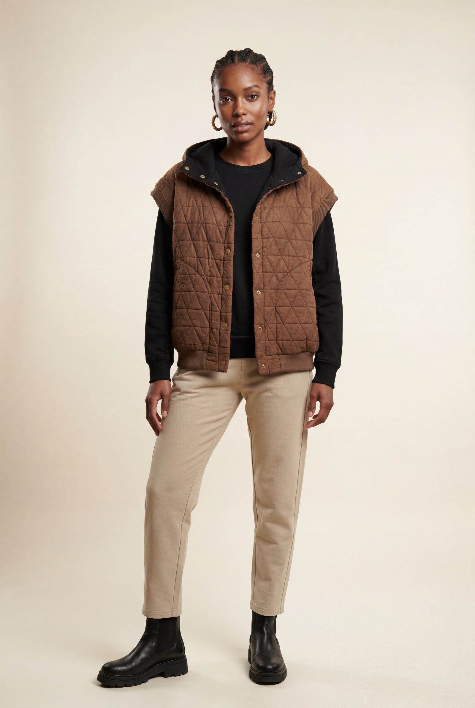 Brown Diamond Quilted Hooded Puffer Vest with Snap Buttons - Puffer vests - Photo 3