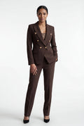 Brown Double-breasted Fitted Jacket and Slim Trouser Suit Set - Photo 7
