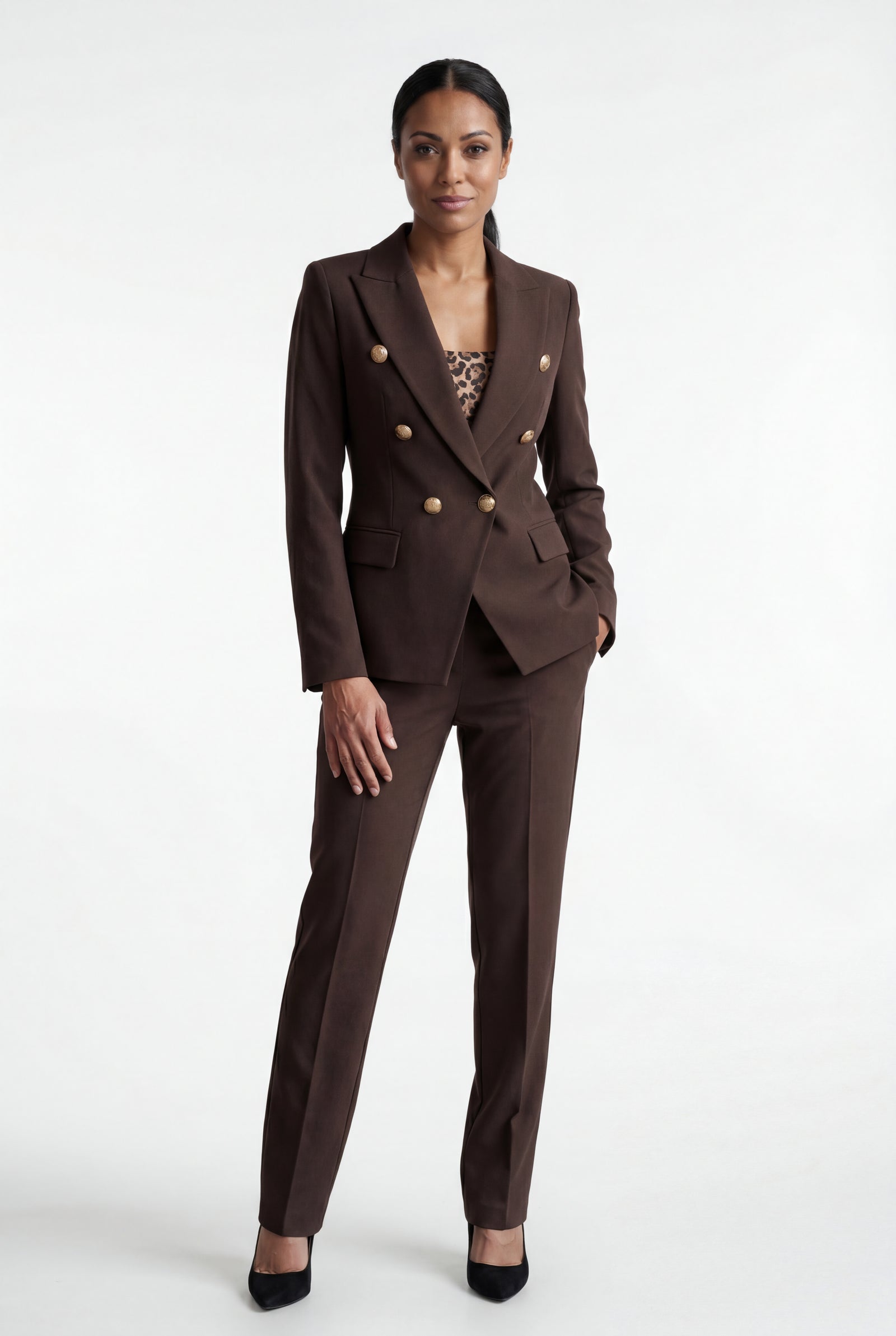 Brown Double-breasted Fitted Jacket and Slim Trouser Suit Set - Photo 7