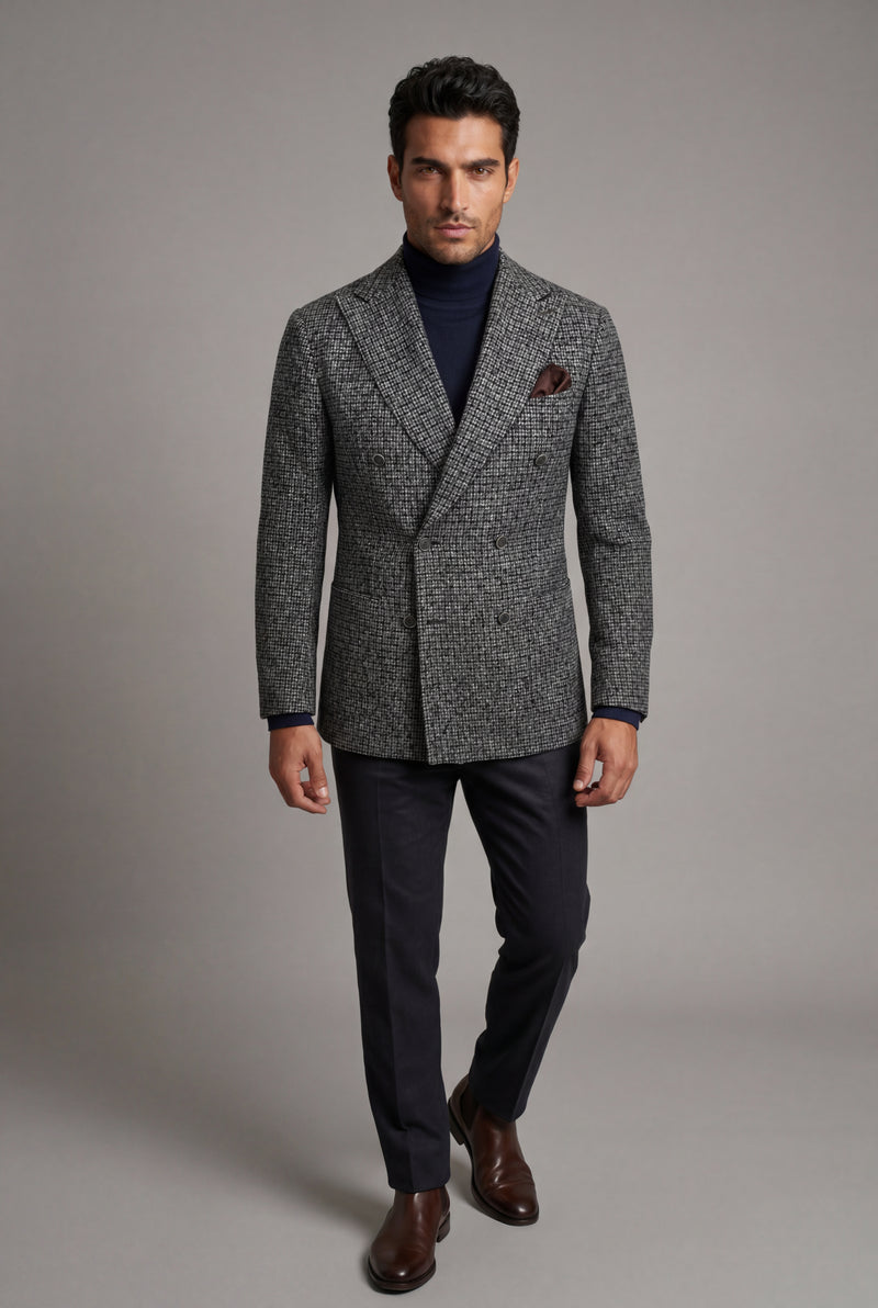 Gray Double-breasted Peak Lapel Blazer - Men's blazers - Photo 2