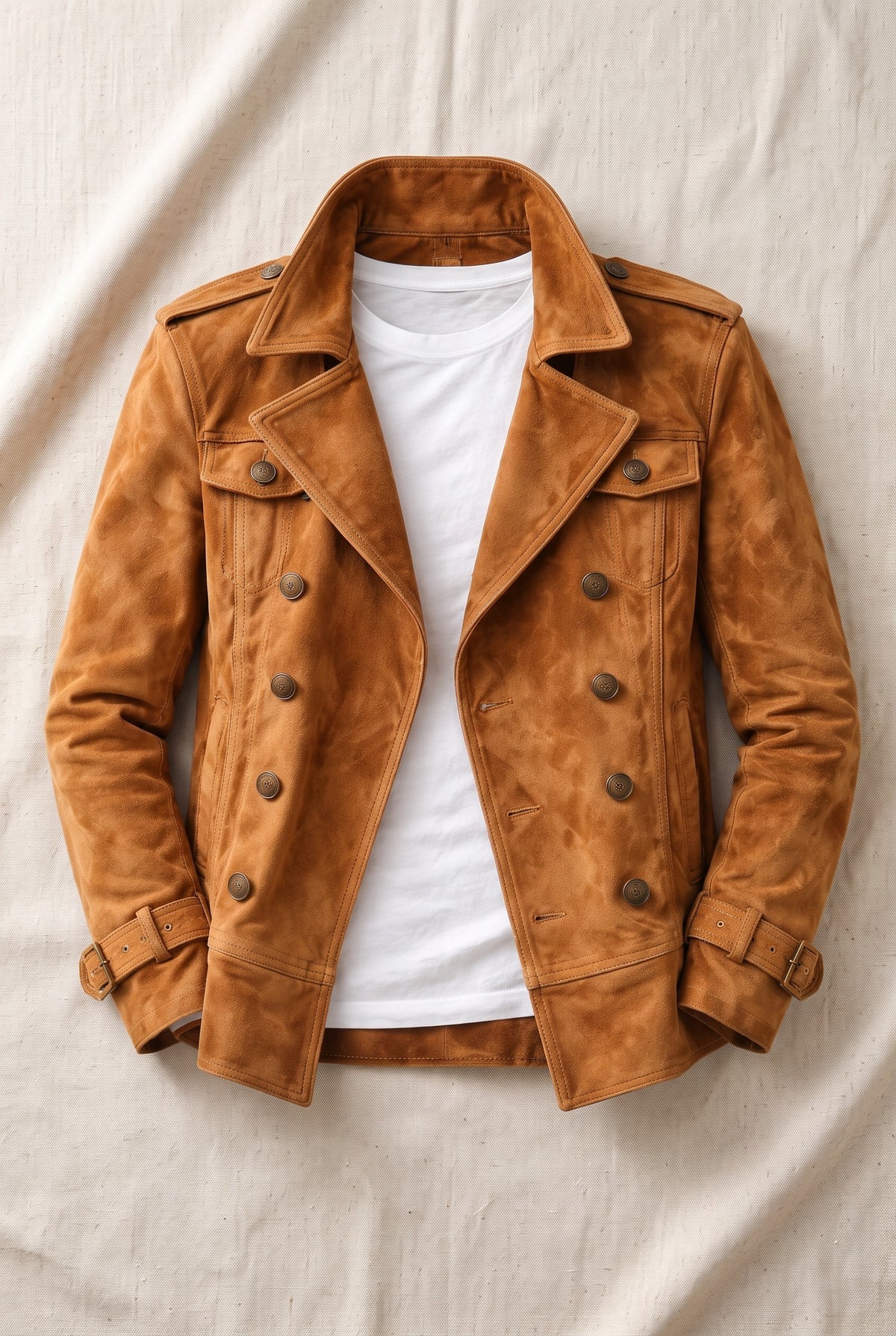 Double-Breasted Suede Pea Coat in Brown — Stilenza main image
