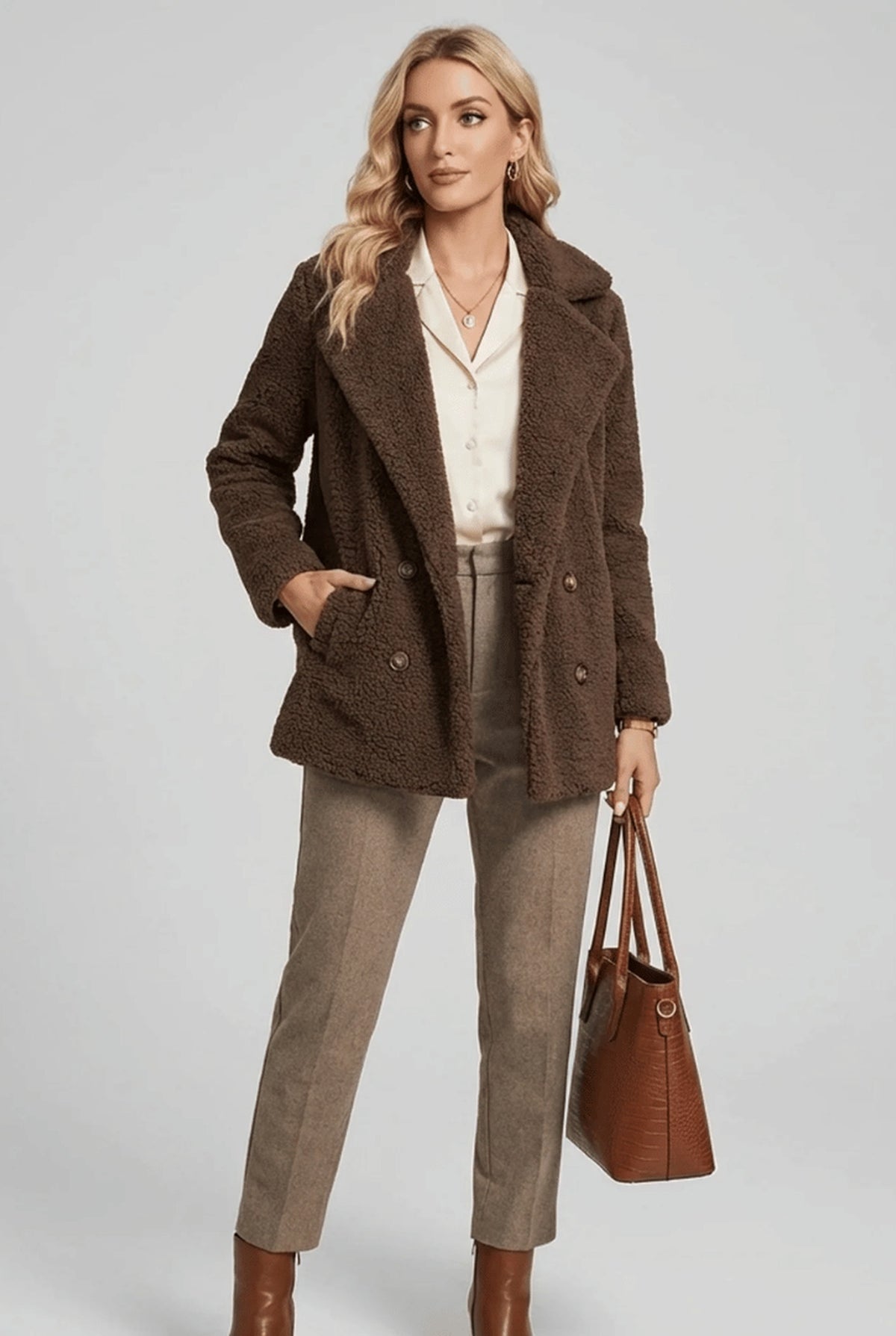 Double-Breasted Teddy Pea Coat in Brown — front view