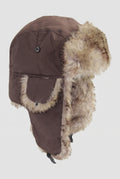 Faux Fur Lined Trapper Hat in Brown — studio front