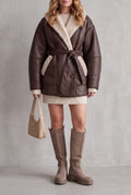 Faux Leather Belted Coat in Brown — studio front