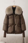 Fur Collar Puffer Jacket in Brown — studio front
