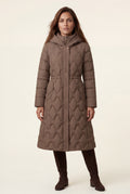 Brown Geometric Quilted Calf-length Puffer Coat with Hood - Puffer jackets - Photo 1