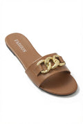 Brown Gold Chain Detail Brown Slide Sandals - Photo 2