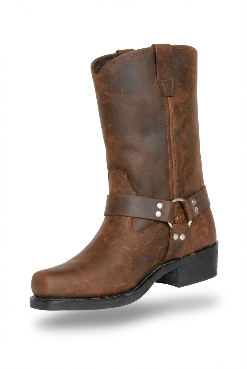 Brown Harness Strap Square Toe Mid-calf Cowboy Boots - Photo 1