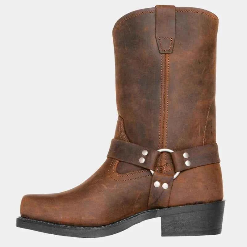 Harness Strap Square Toe Mid-calf Cowboy Boots - Photo 2