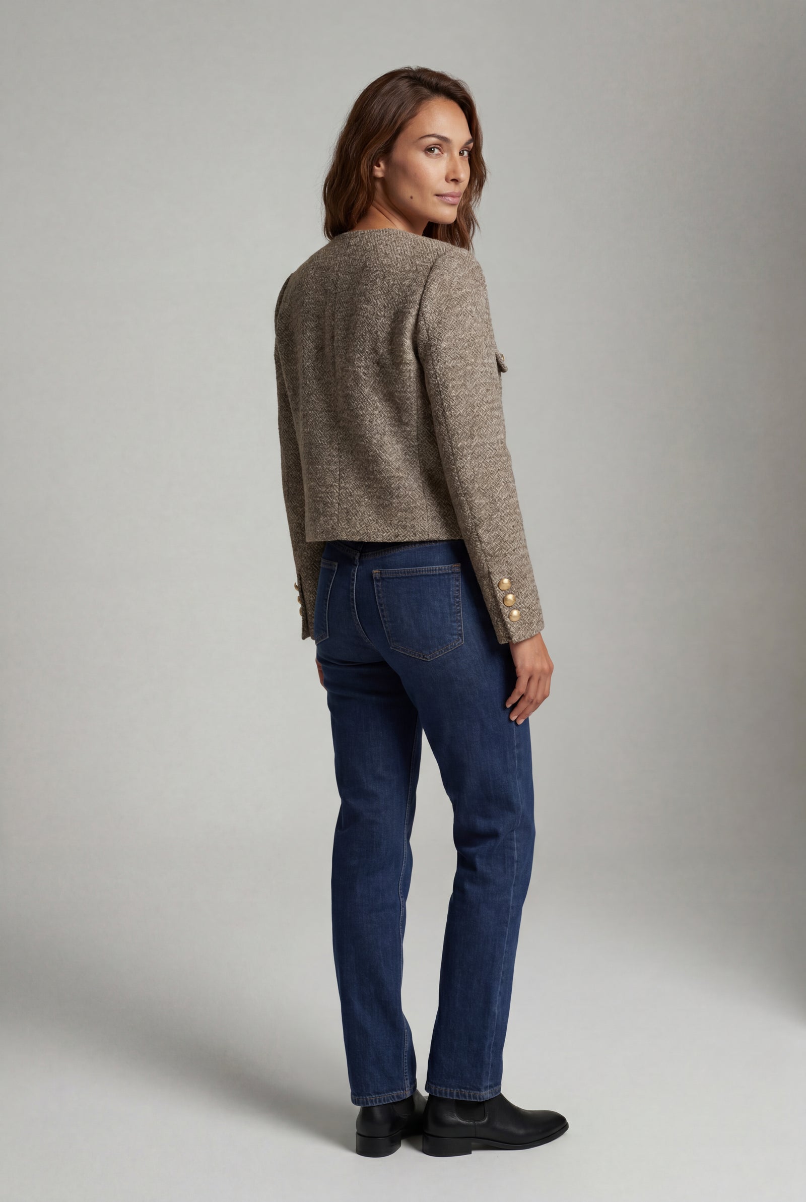 Brown Heathered Taupe Cropped Jacket with Gold Buttons - Photo 2