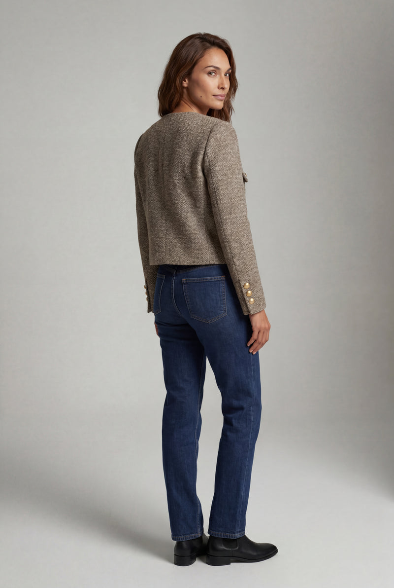Brown Heathered Taupe Cropped Jacket with Gold Buttons - Photo 2