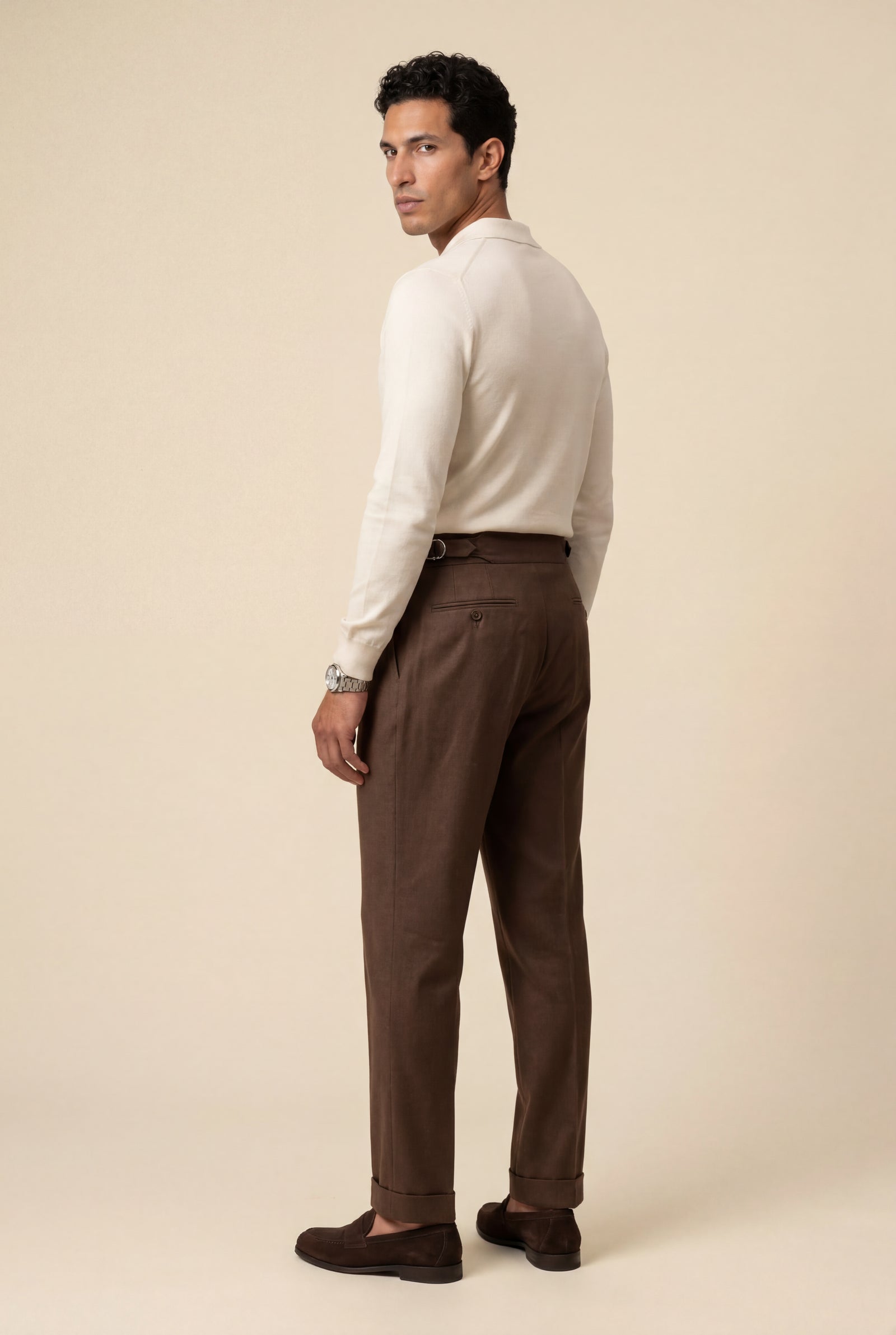 Brown High-rise Pleated Brown Trousers with Cuffed Tapered Leg - Pleated trousers - Photo 2