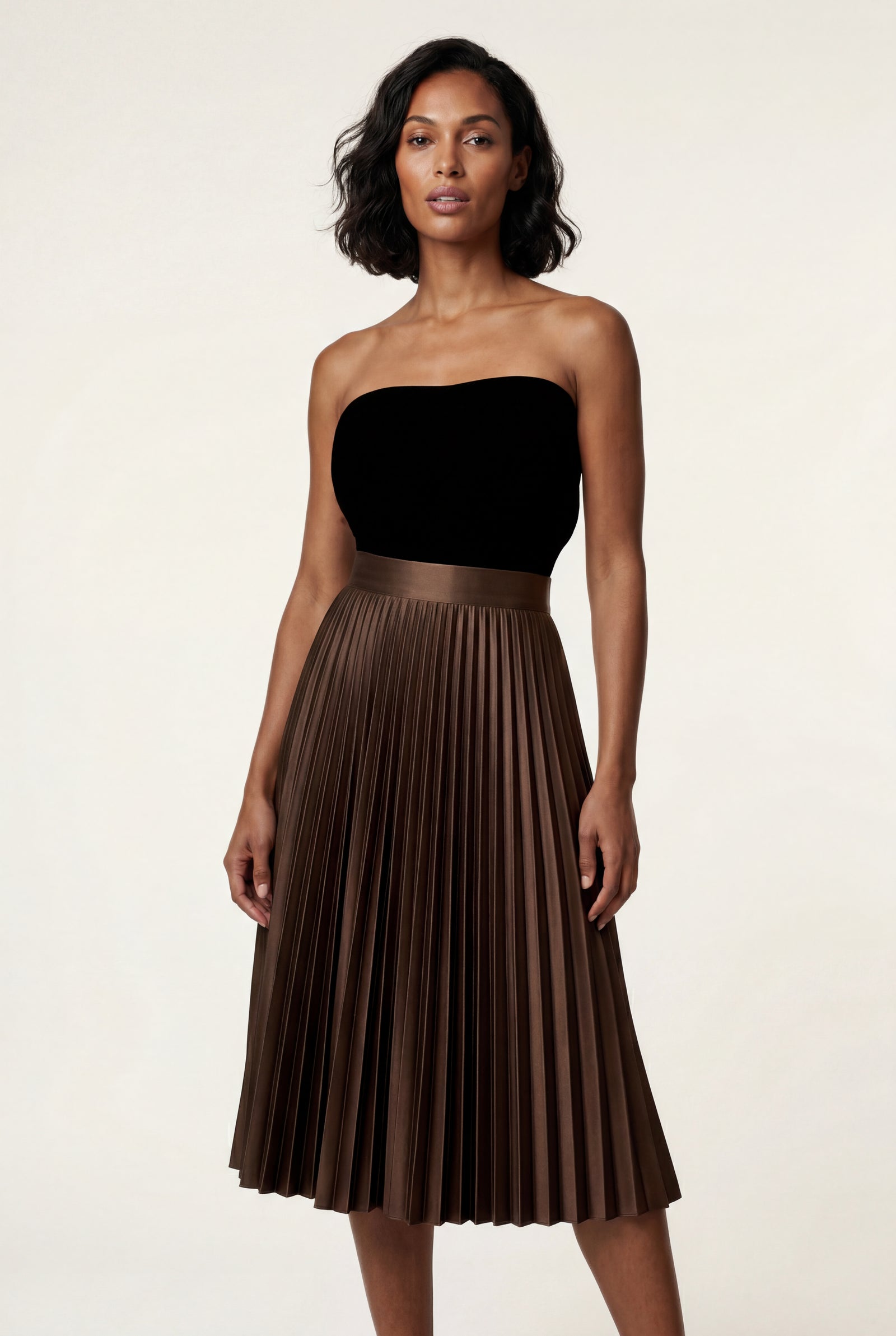 Brown High-waisted A-line Pleated Midi Skirt - Photo 16