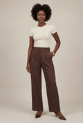 Brown High-waisted Pleated Tapered Trousers with Tailored Waistband - Photo 5