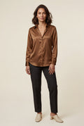 Brown Lustrous Tailored Long Sleeve Button-up Blouse - Blouses - Photo 17