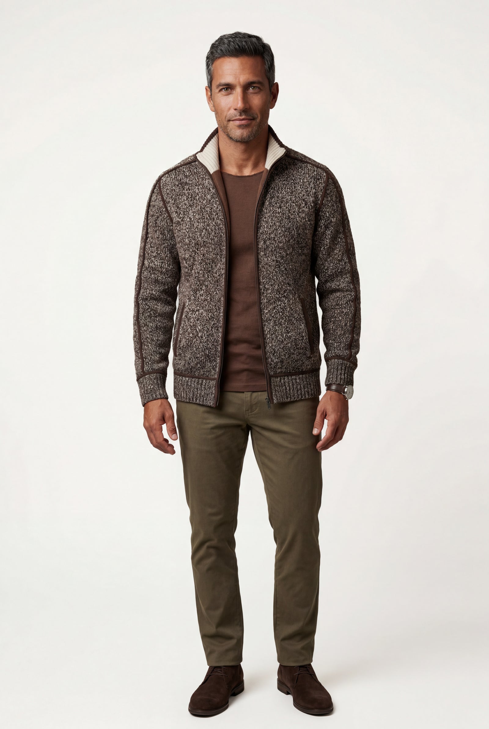 Brown Marled Full-zip Mock Neck Cardigan with Ribbed Trim - Gilet - Photo 15
