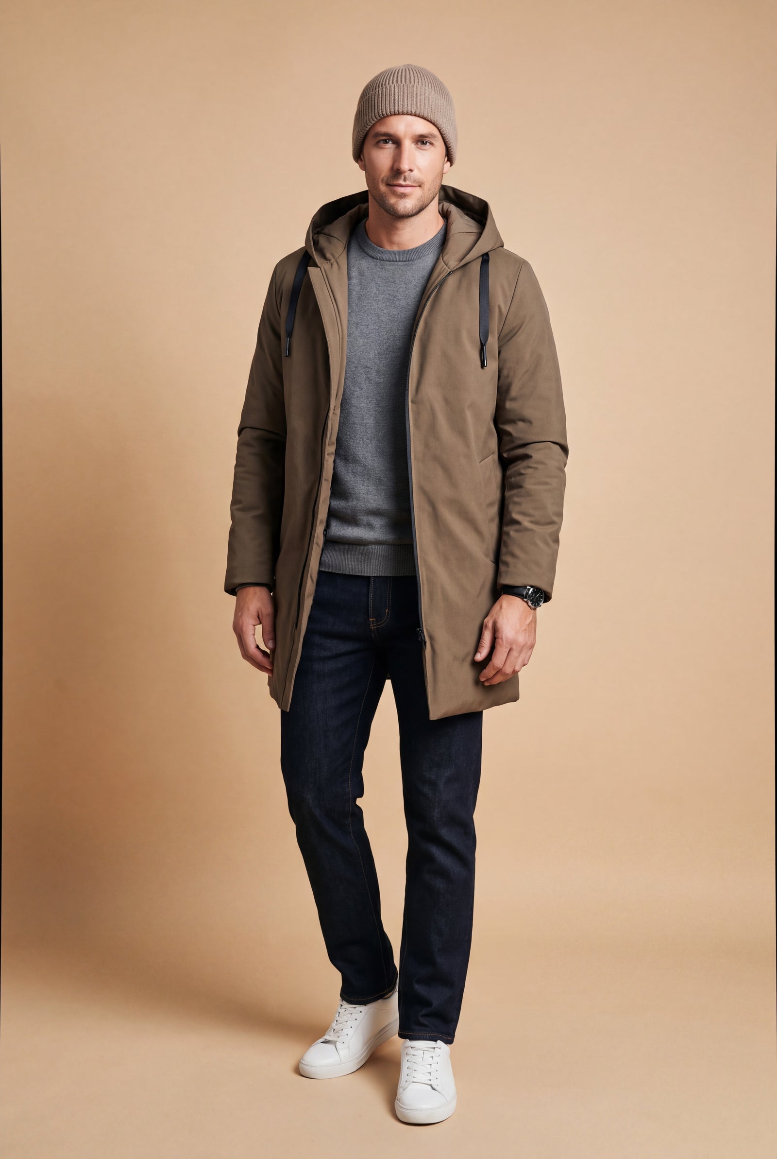 Men's Coat Mid-Length Quilted in Brown — studio full