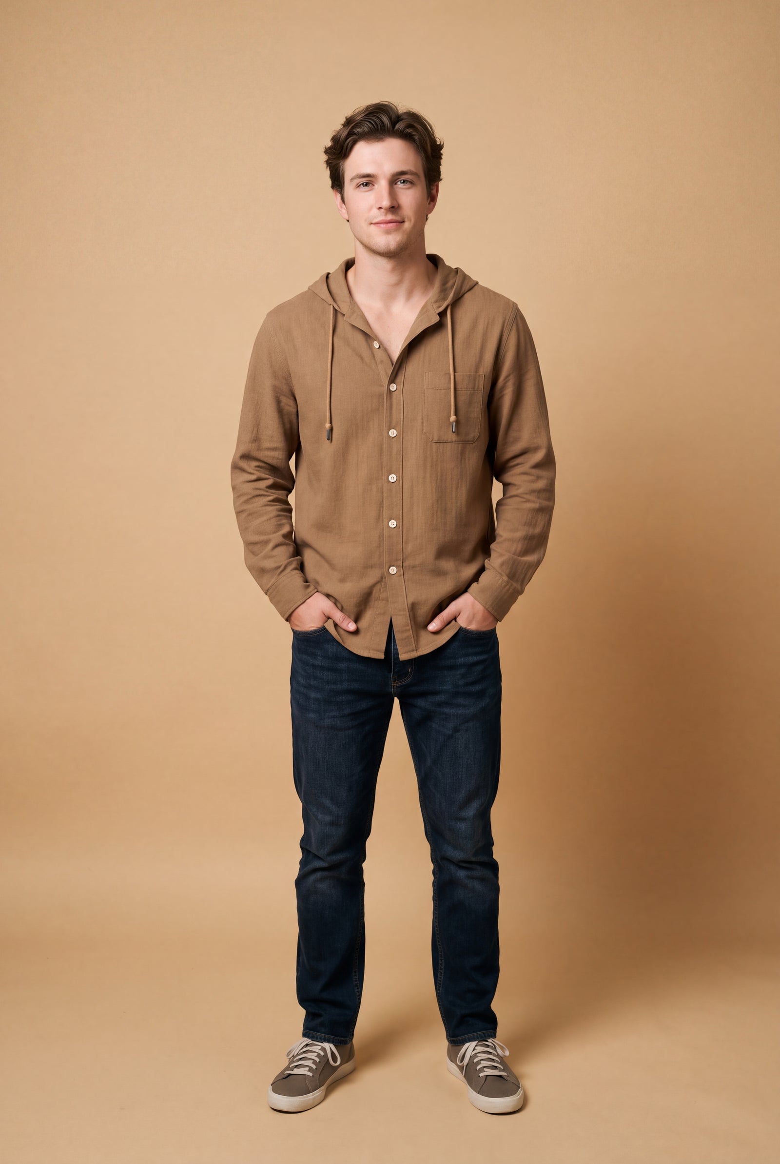 Men's Hooded Shirt Buttoned in Brown — studio primary