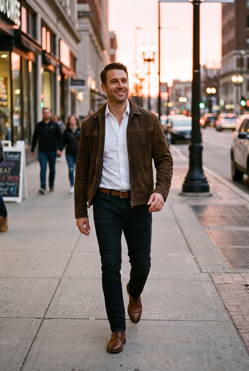 Men's Jacket Classic Fitted Zipper in Brown — lifestyle