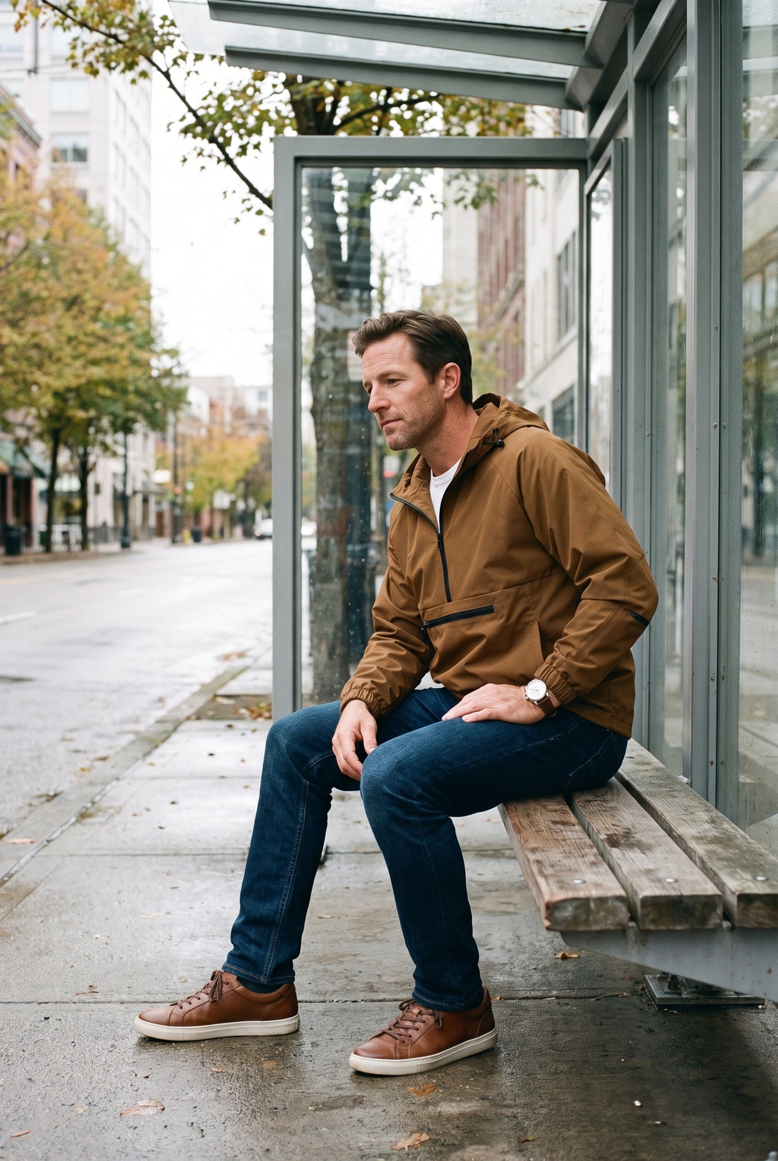 Men's Rain Jacket Hooded Waterproof in Brown — lifestyle relaxed