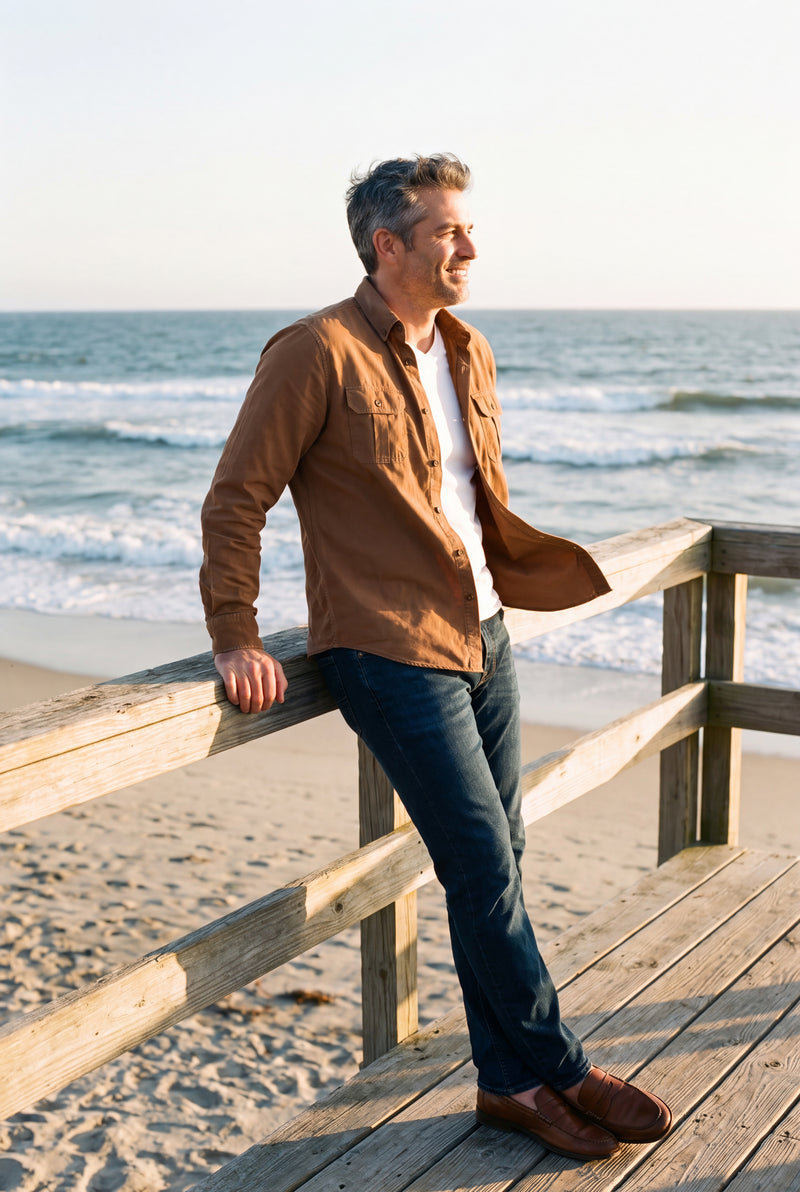 Men's Shirt Button Pockets Long Sleeve in Brown — lifestyle seaside