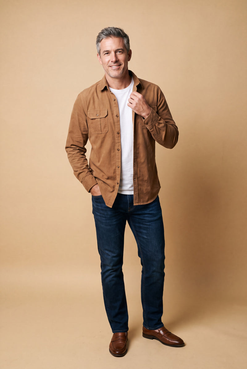 Men's Shirt Button Pockets Long Sleeve in Brown — studio full body