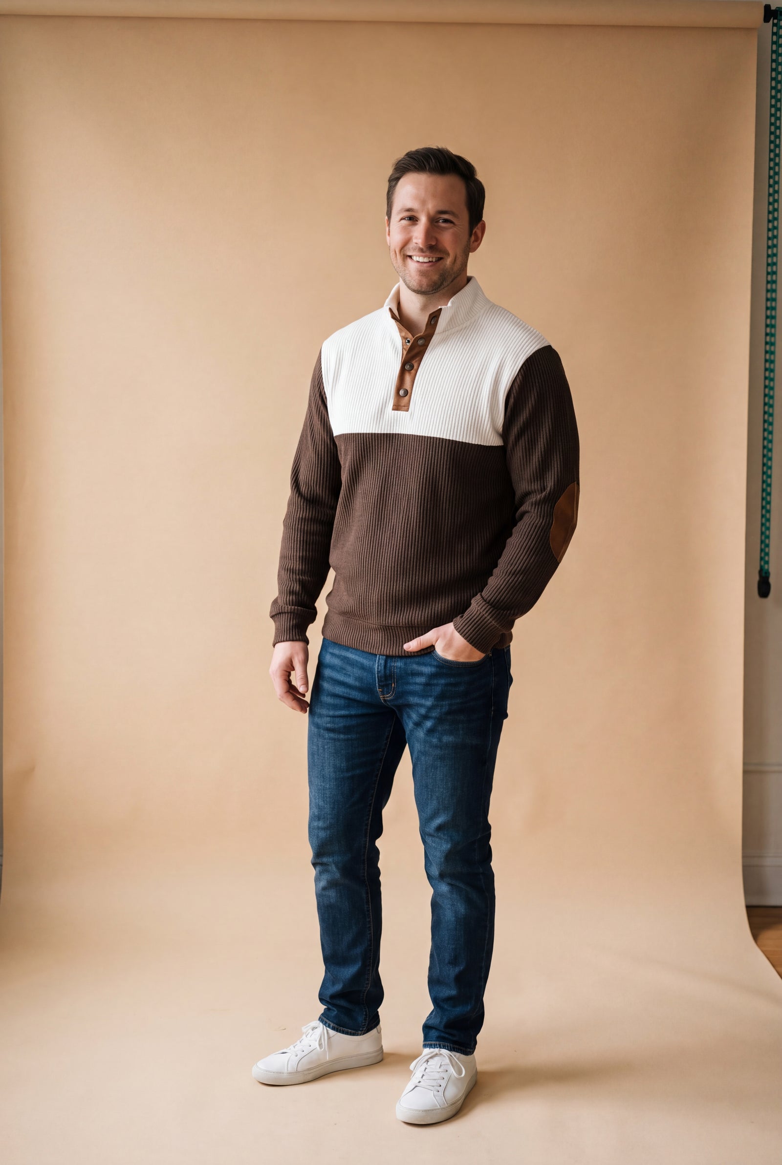 Men's Sweater Stand Collar Two-Tone in Brown — studio front full