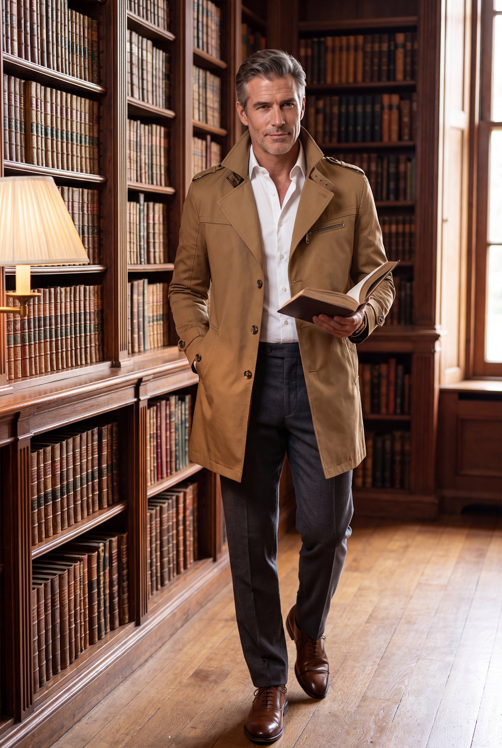 Men's Trench Coat Long Classic in Brown — secondary lifestyle