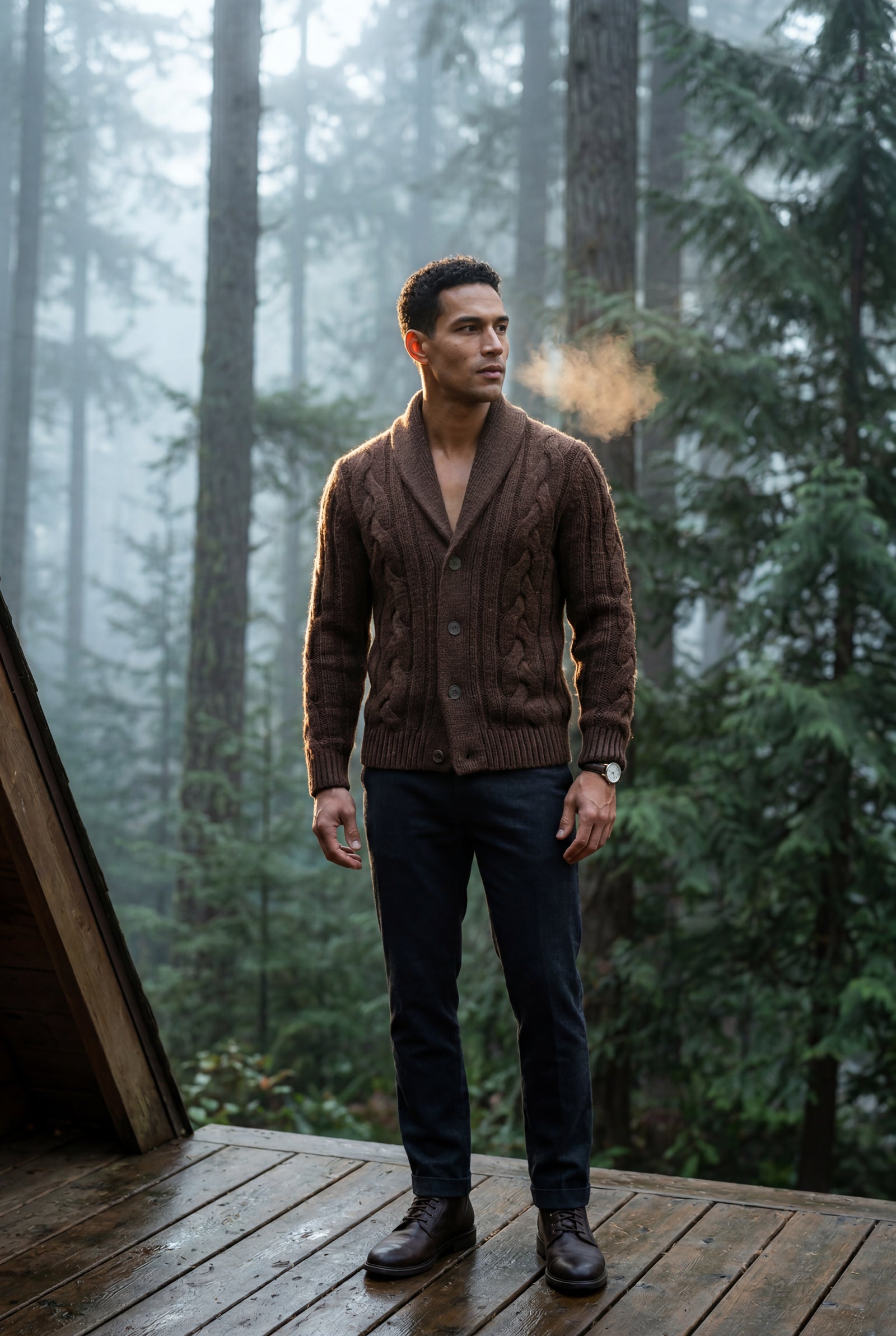 Brown Men's Chunky Cable Shawl Collar Cardigan - Photo 10