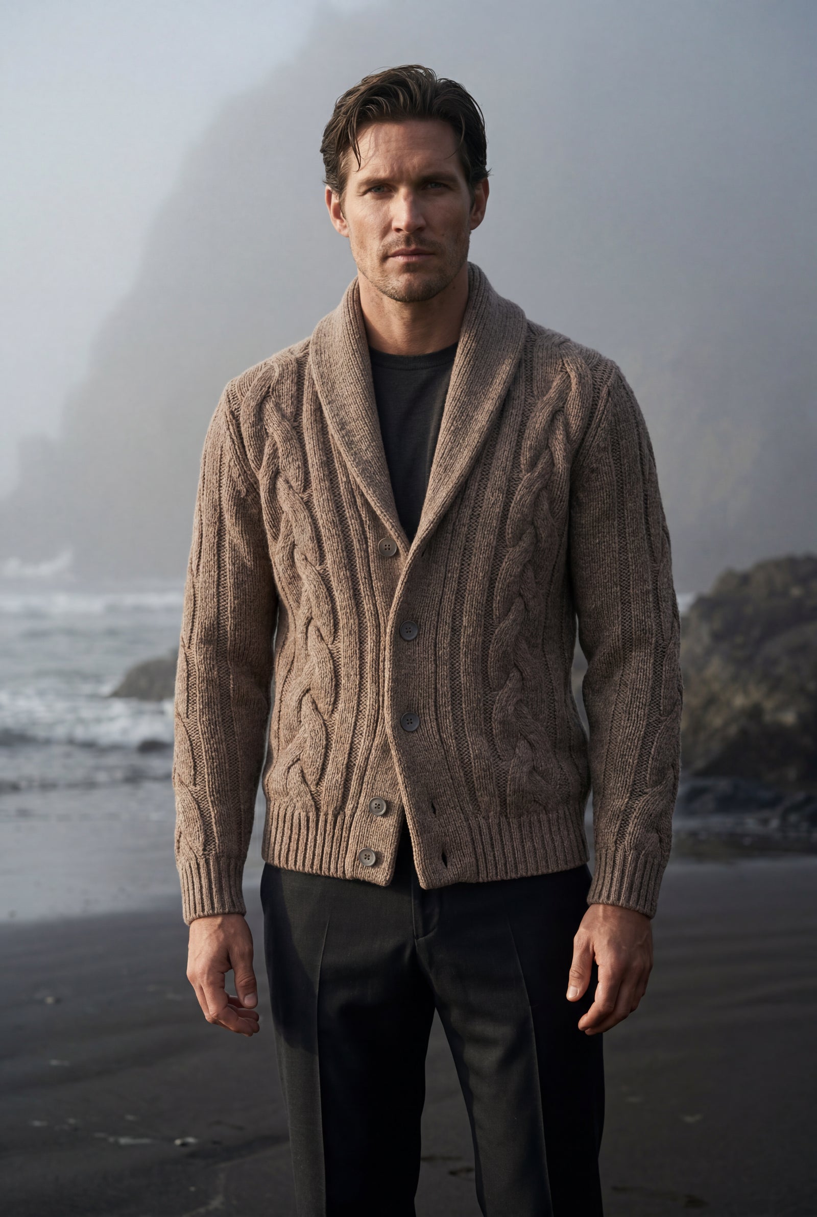 Mocha Men's Chunky Cable Shawl Collar Cardigan - Photo 12