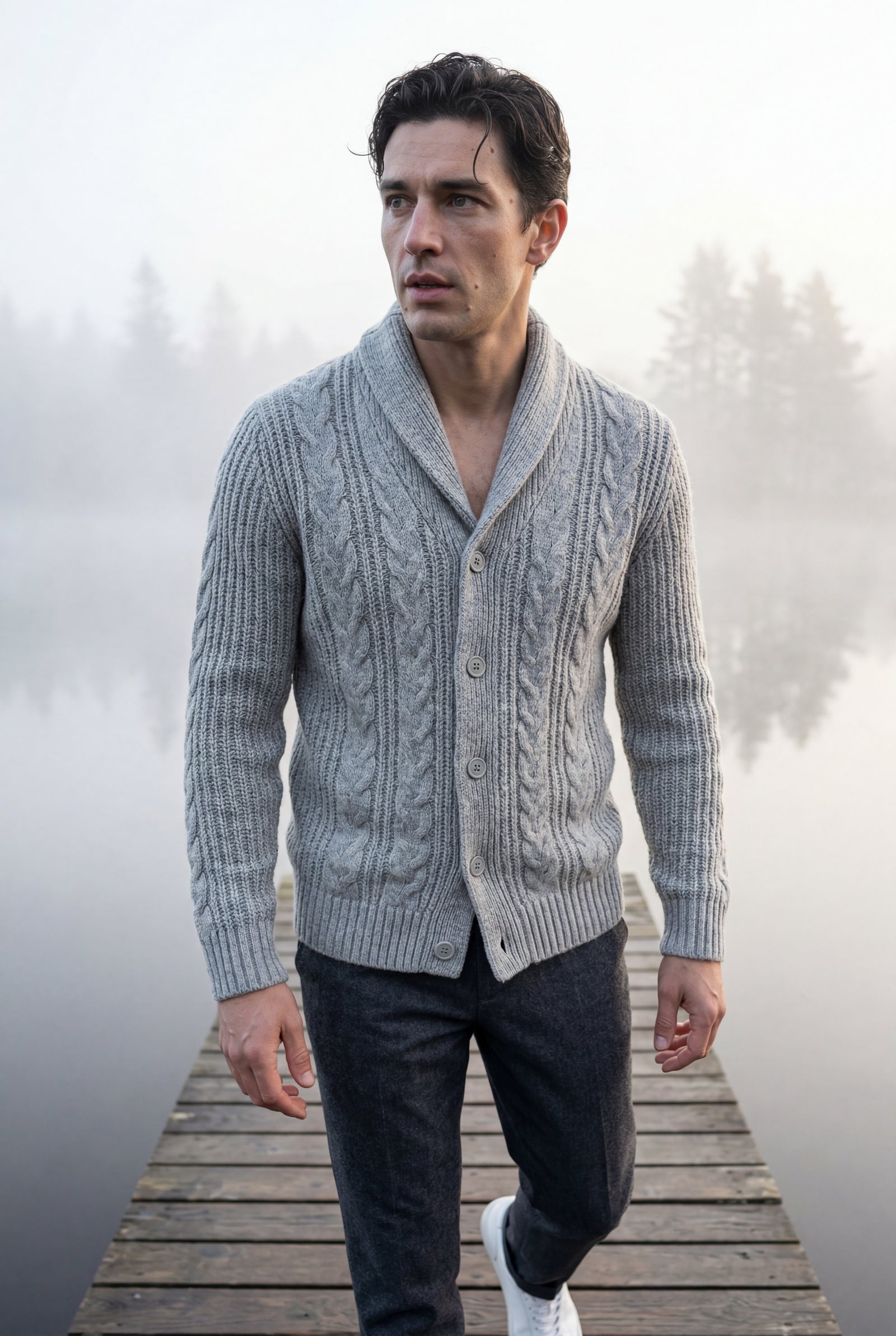Light Gray Men's Chunky Cable Shawl Collar Cardigan - Photo 13