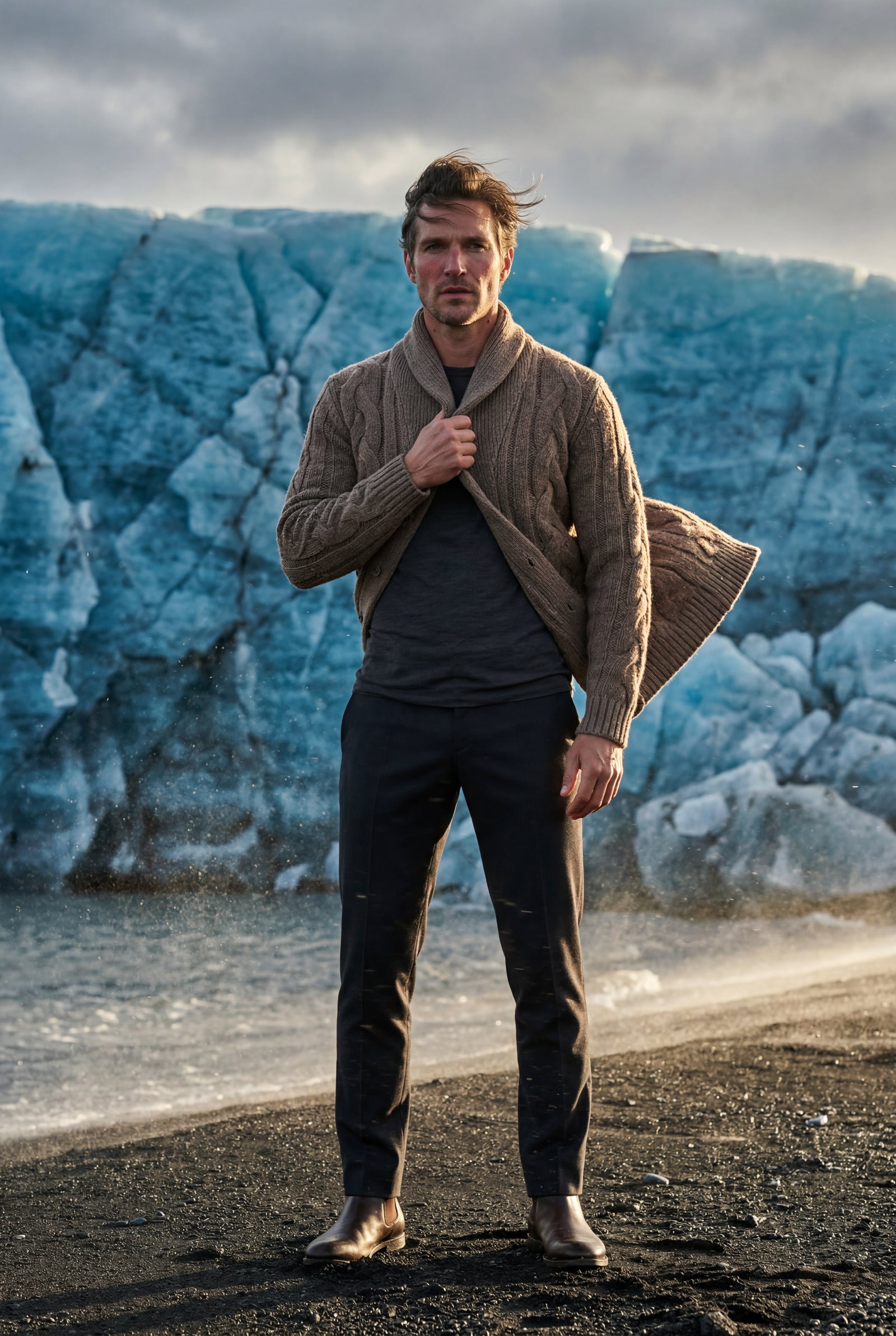 Mocha Men's Chunky Cable Shawl Collar Cardigan - Photo 15