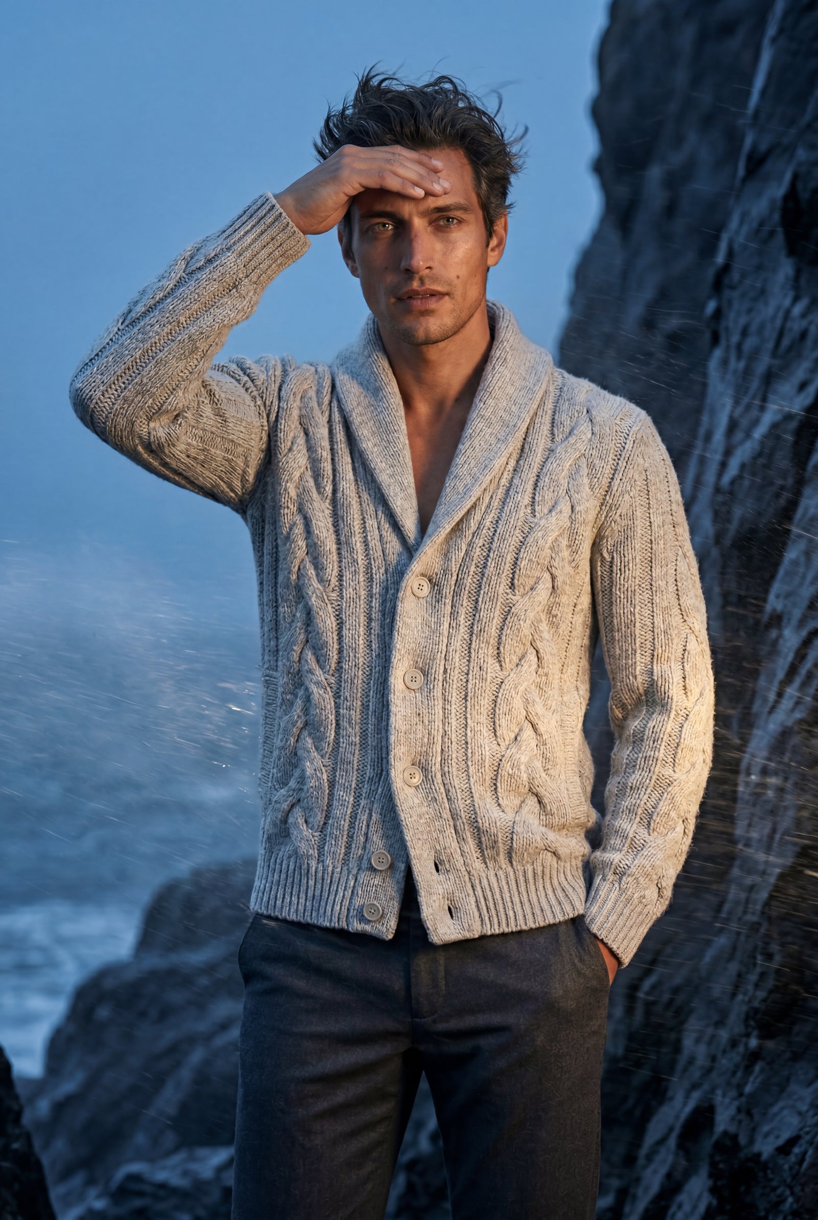 Light Gray Men's Chunky Cable Shawl Collar Cardigan - Photo 17