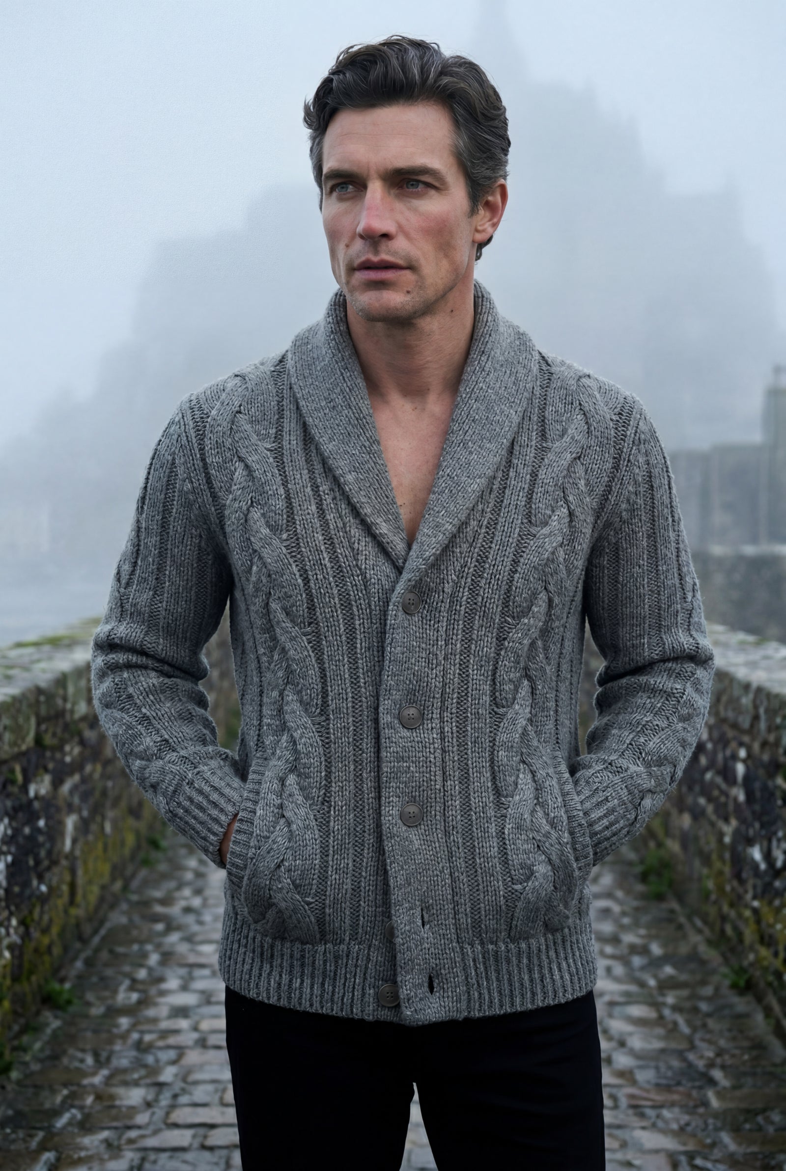 Gray Men's Chunky Cable Shawl Collar Cardigan - Photo 18