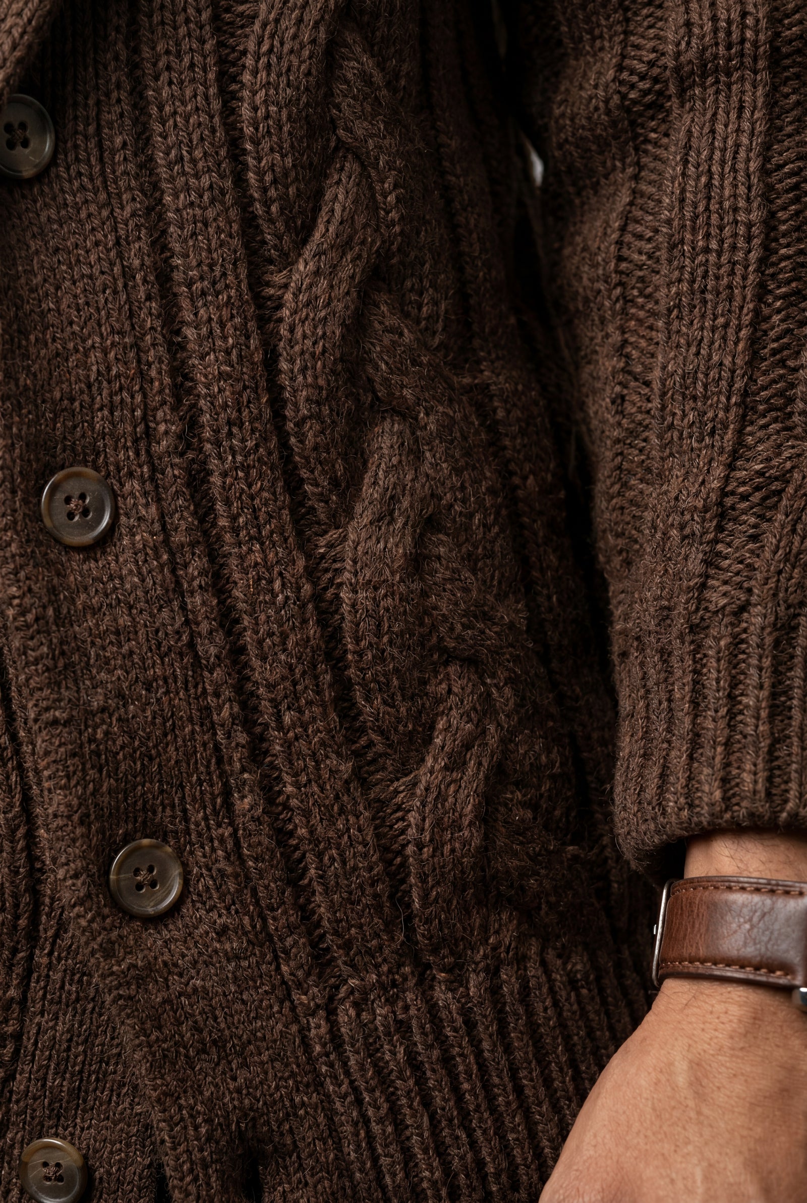 Brown Men's Chunky Cable Shawl Collar Cardigan - Photo 5