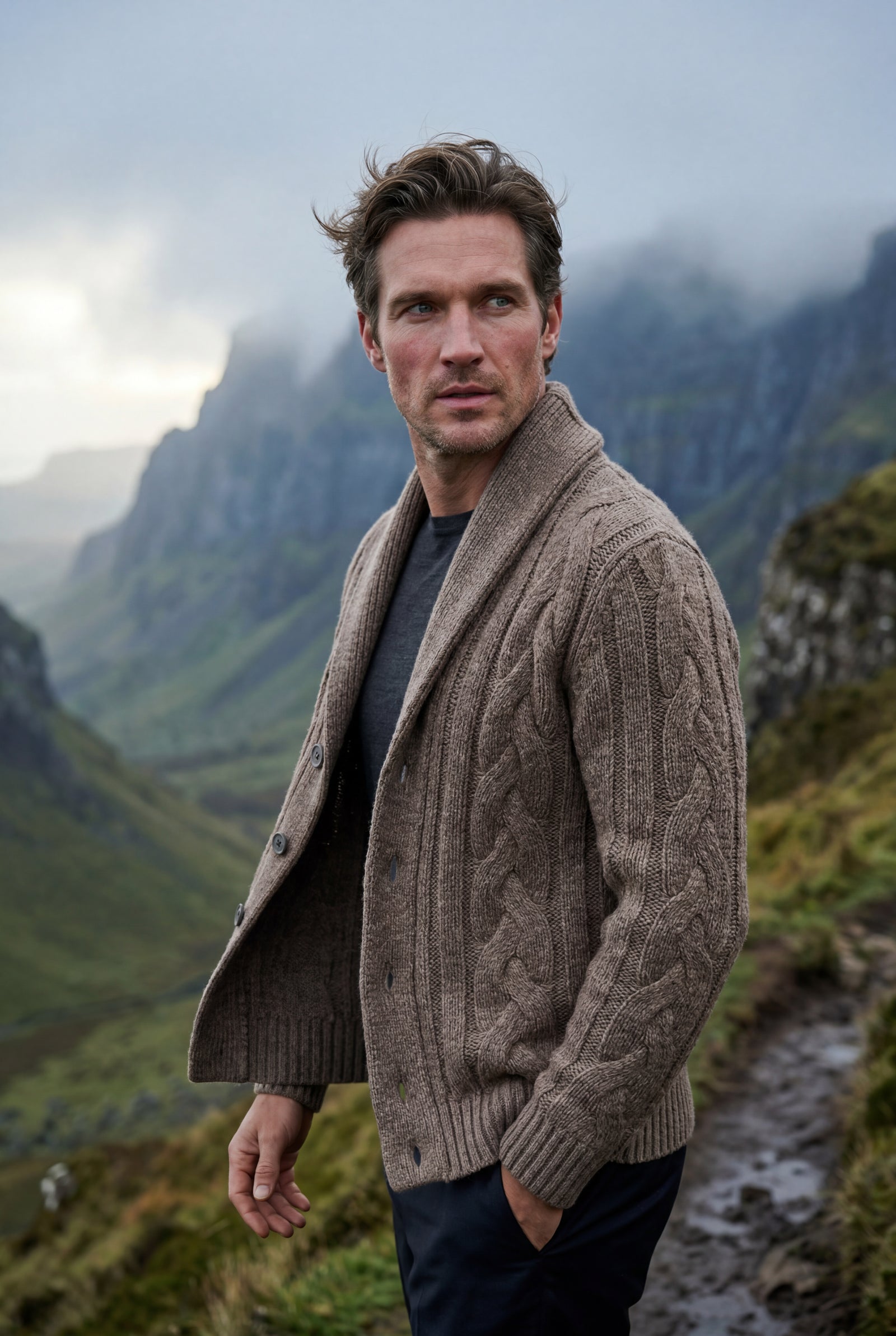 Mocha Men's Chunky Cable Shawl Collar Cardigan - Photo 7