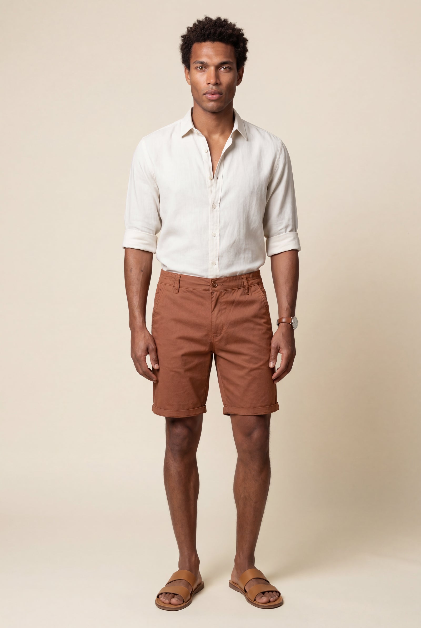 Brown Men's Slim Tailored Fit Chino Shorts with Elastic Waistband - Casual shorts - Photo 5
