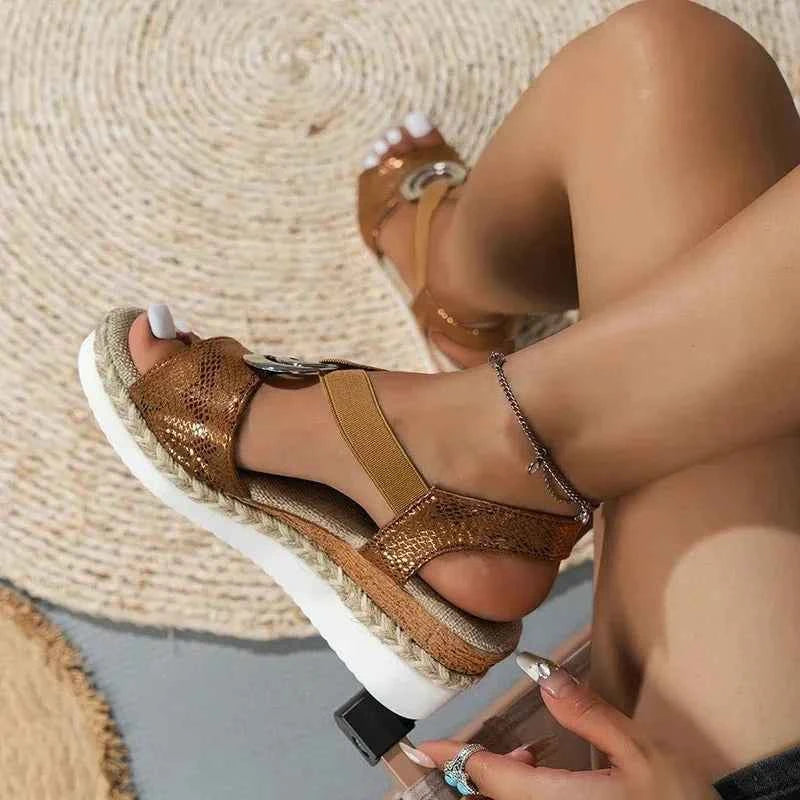 Brown Metal Ring Accent Espadrille Wedge Sandals - Photo 4
