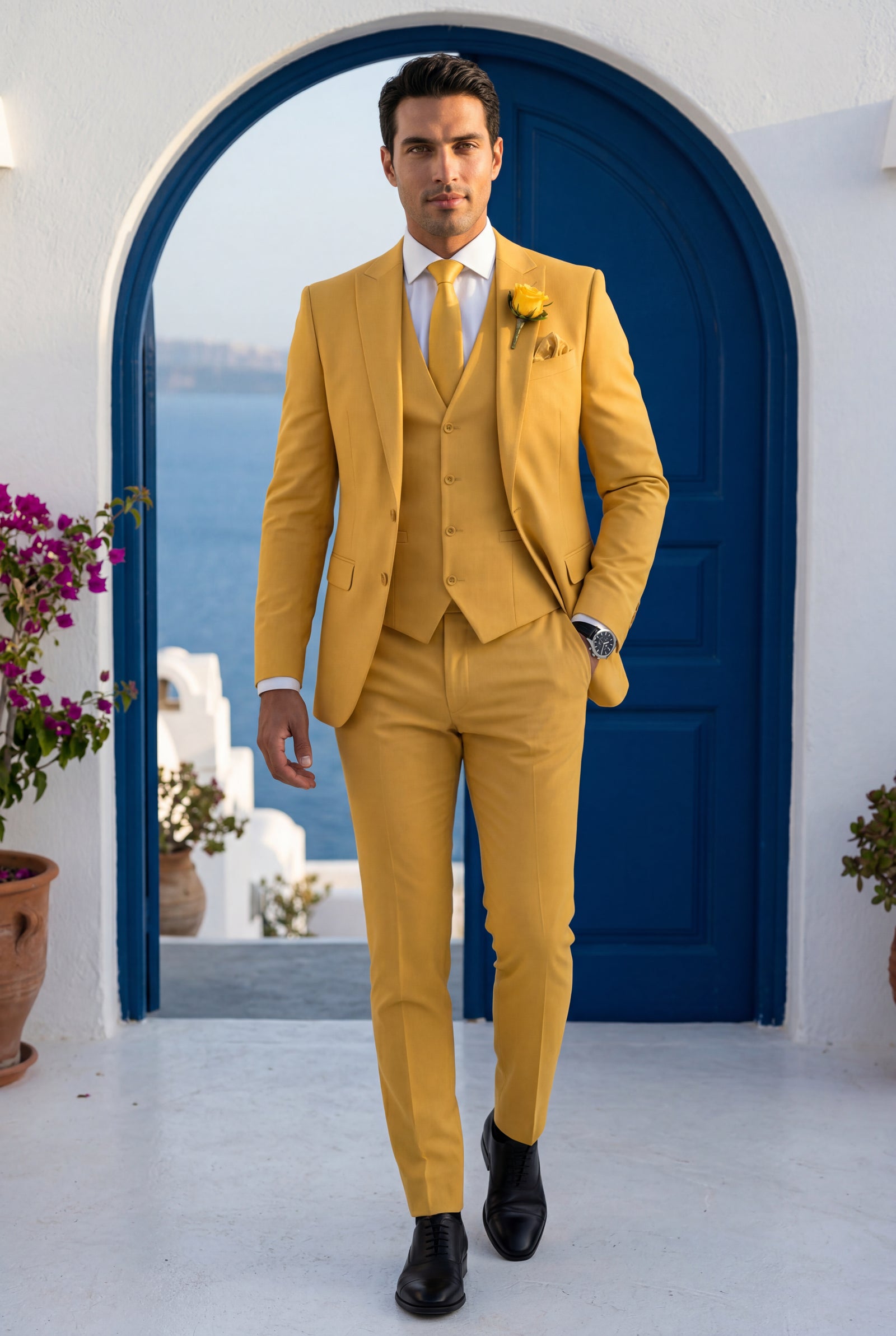 Yellow Notch Lapel Tailored Three-piece Suit - Photo 26