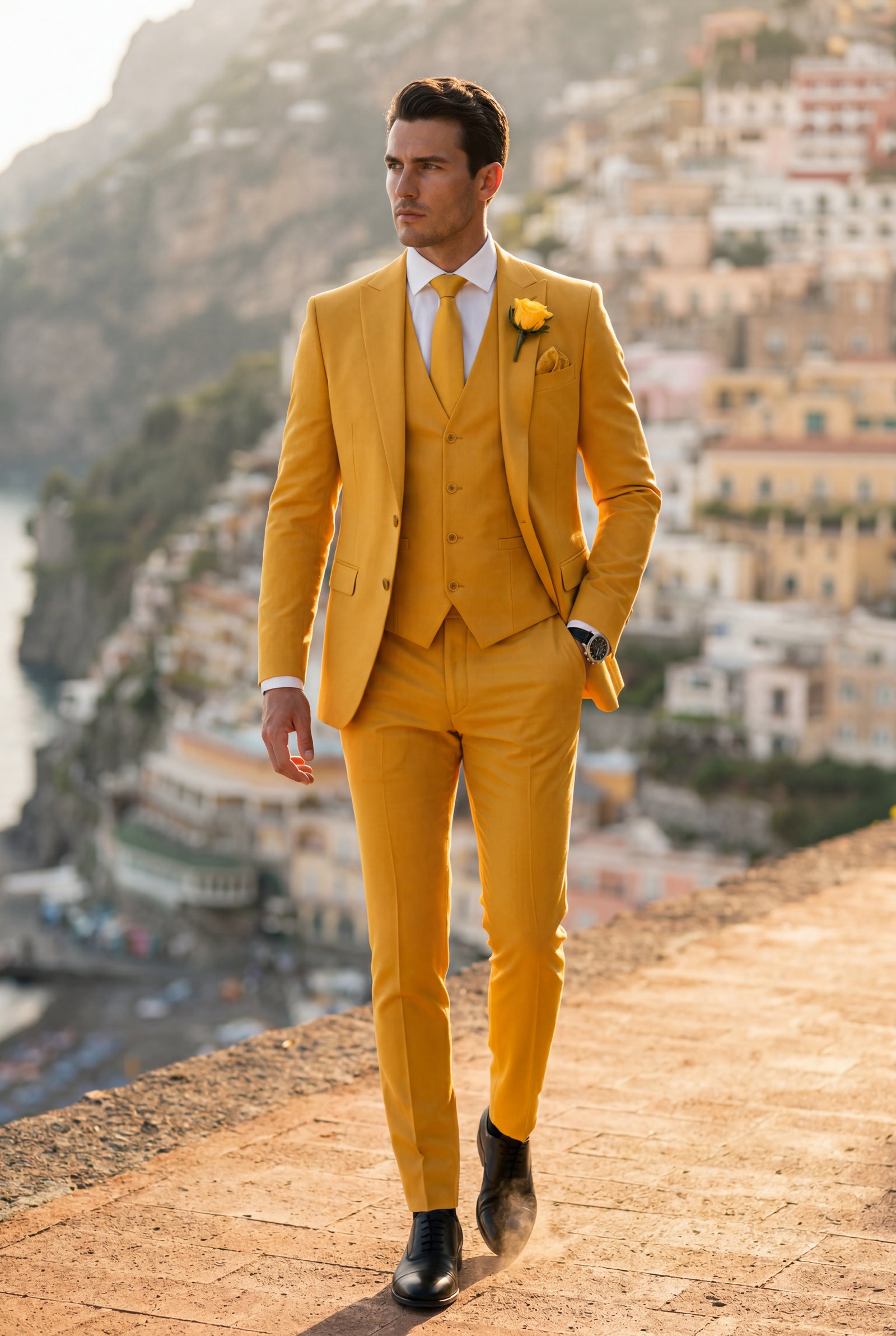 Yellow Notch Lapel Tailored Three-piece Suit - Photo 27