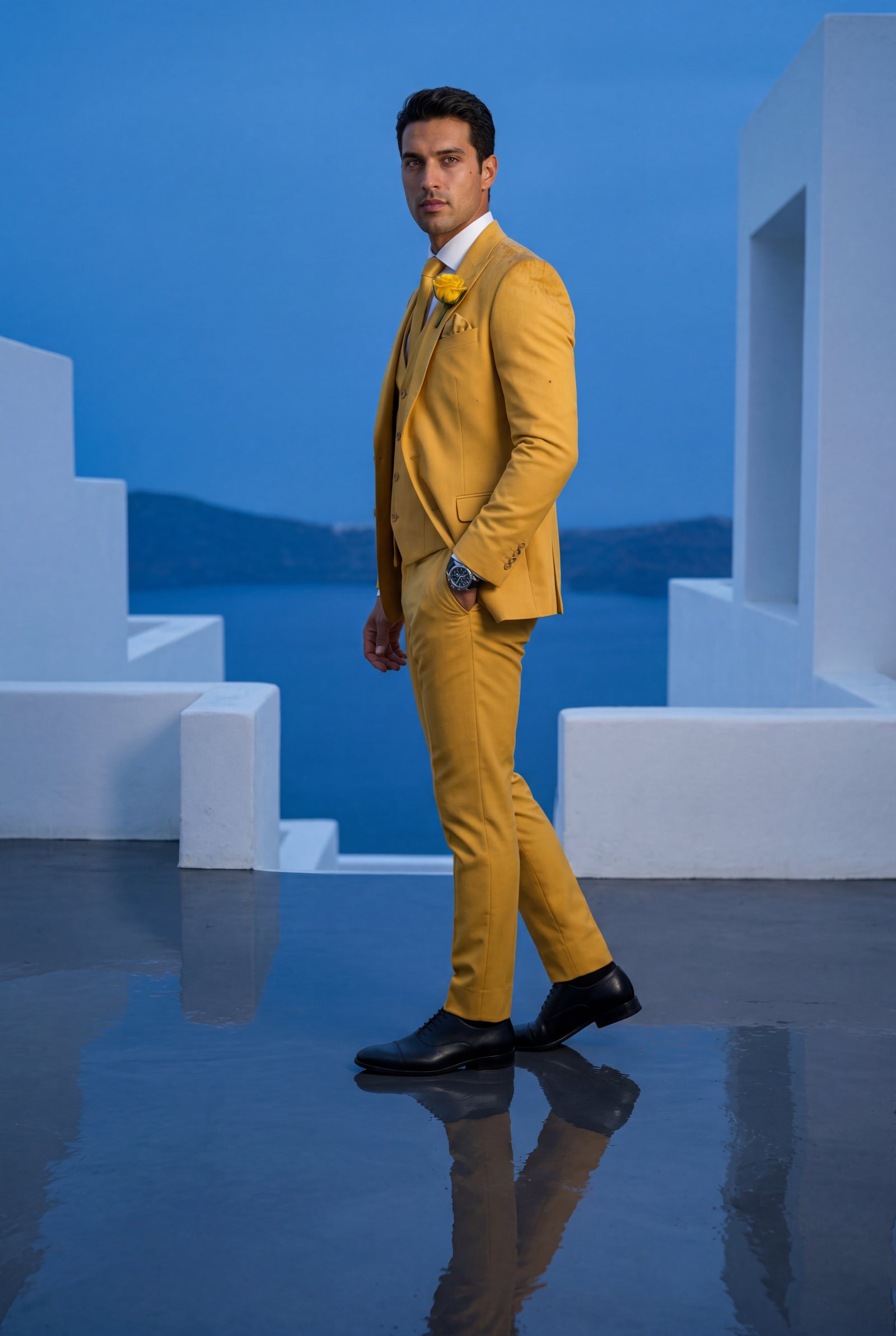 Yellow Notch Lapel Tailored Three-piece Suit - Photo 28