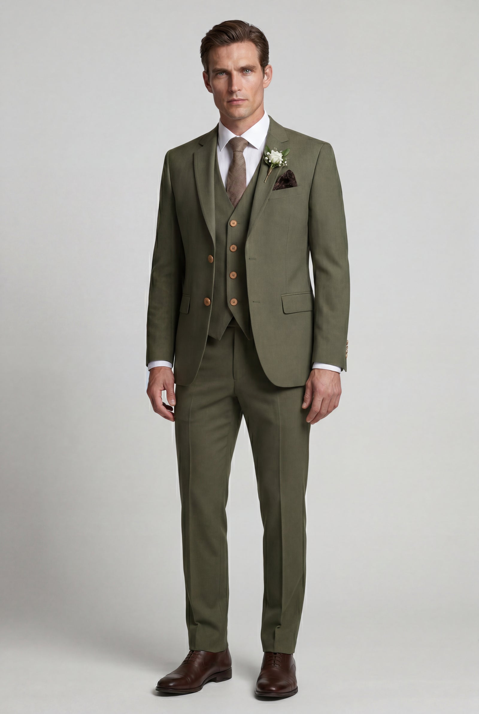 Olive Notch Lapel Tailored Three-piece Suit - Photo 29