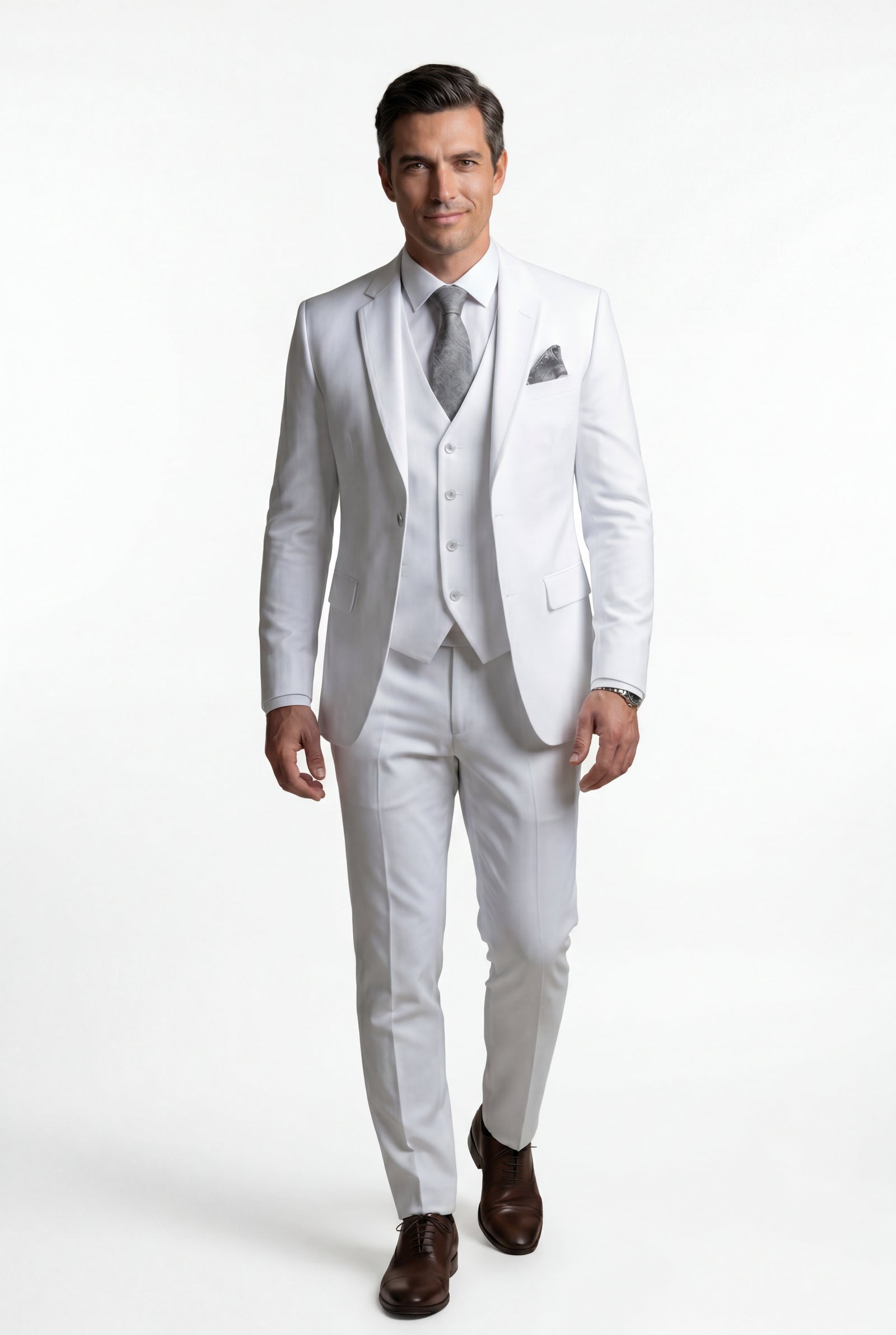 White Notch Lapel Tailored Three-piece Suit - Photo 34