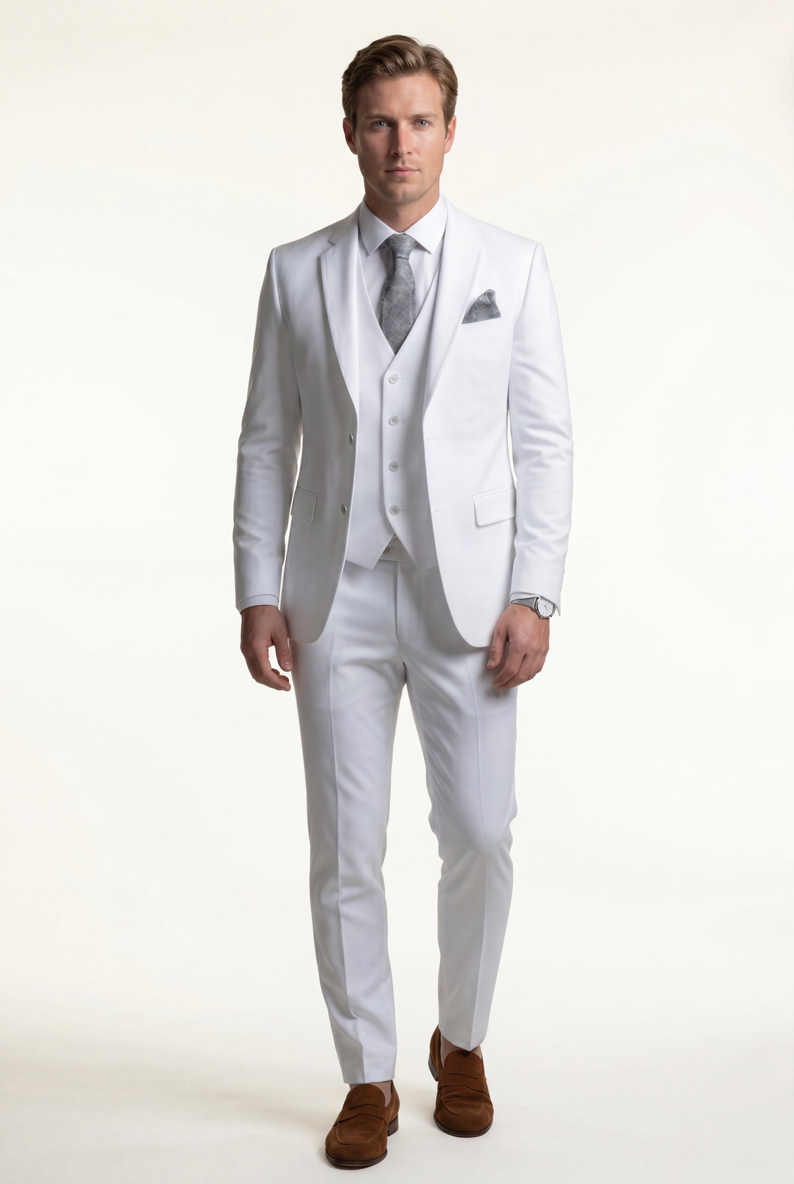 White Notch Lapel Tailored Three-piece Suit - Photo 35