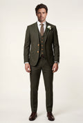 Olive Notch Lapel Tailored Three-piece Suit - Photo 41