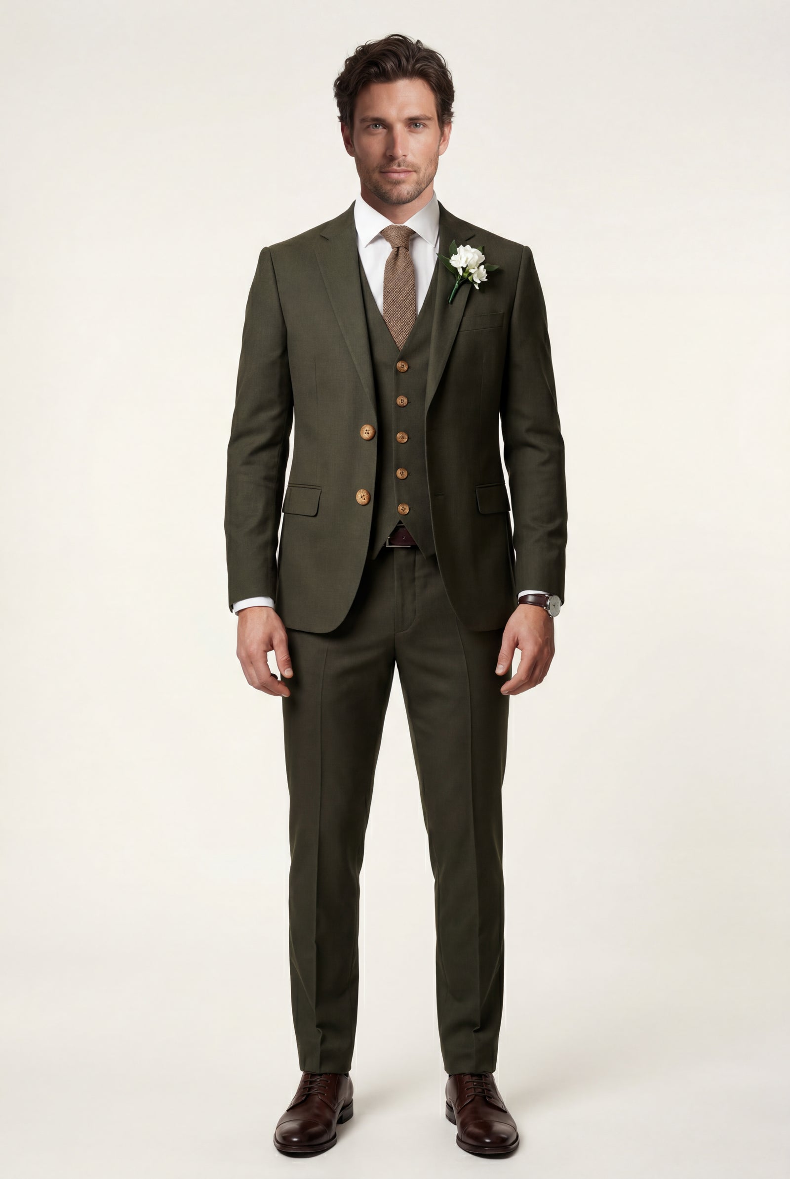 Olive Notch Lapel Tailored Three-piece Suit - Photo 41