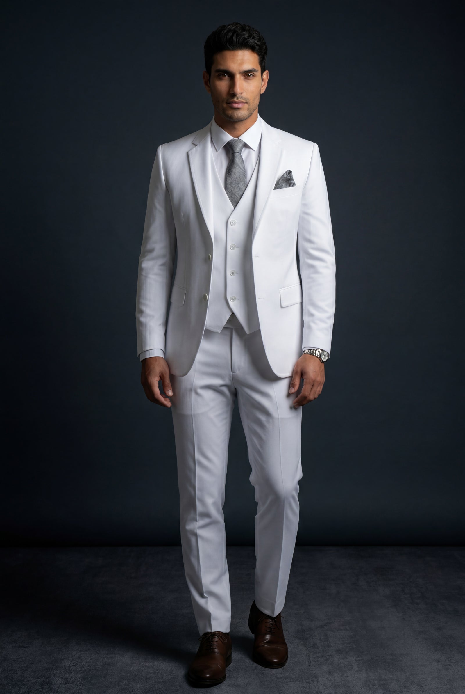 White Notch Lapel Tailored Three-piece Suit - Photo 42