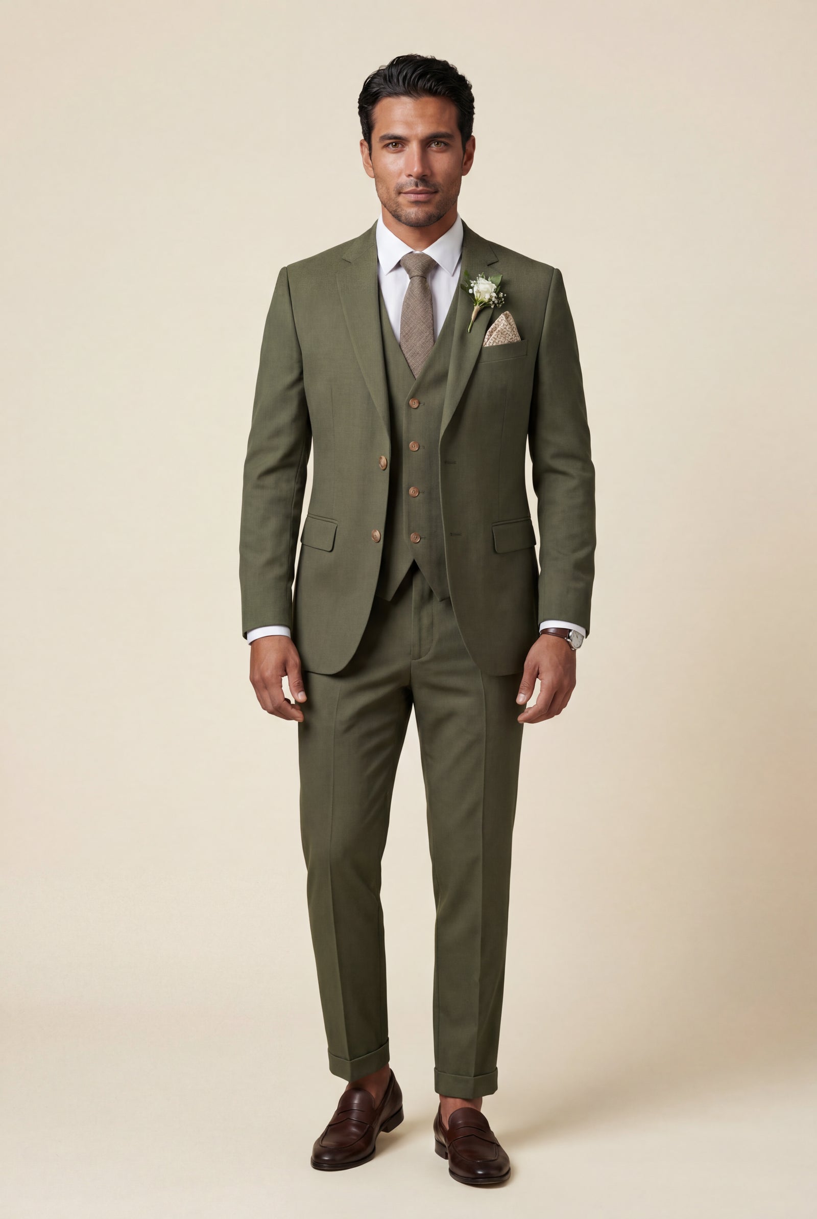 Olive Notch Lapel Tailored Three-piece Suit - Photo 43