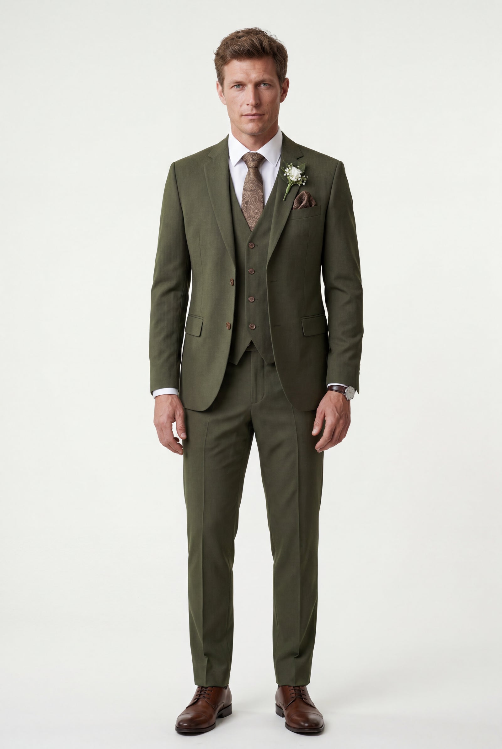 Olive Notch Lapel Tailored Three-piece Suit - Photo 45